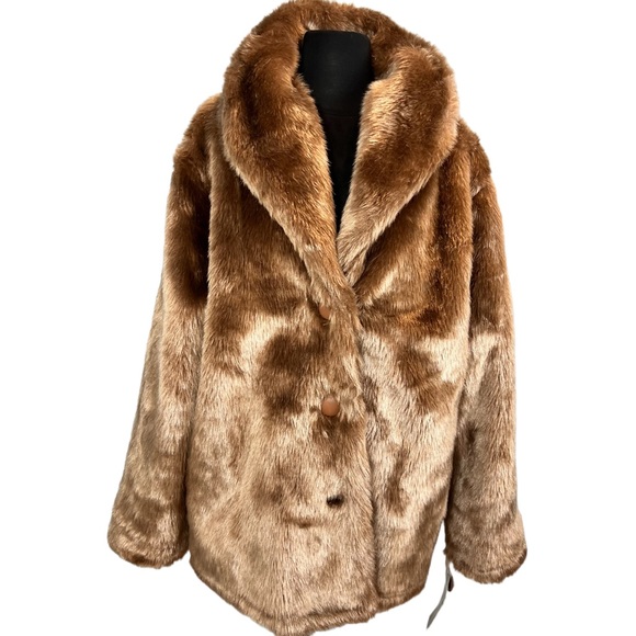 Vintage Faux Fur Coat Brown Largr Collar Faux Leather Buttons Womens  Size Med - Picture 2 of 10
